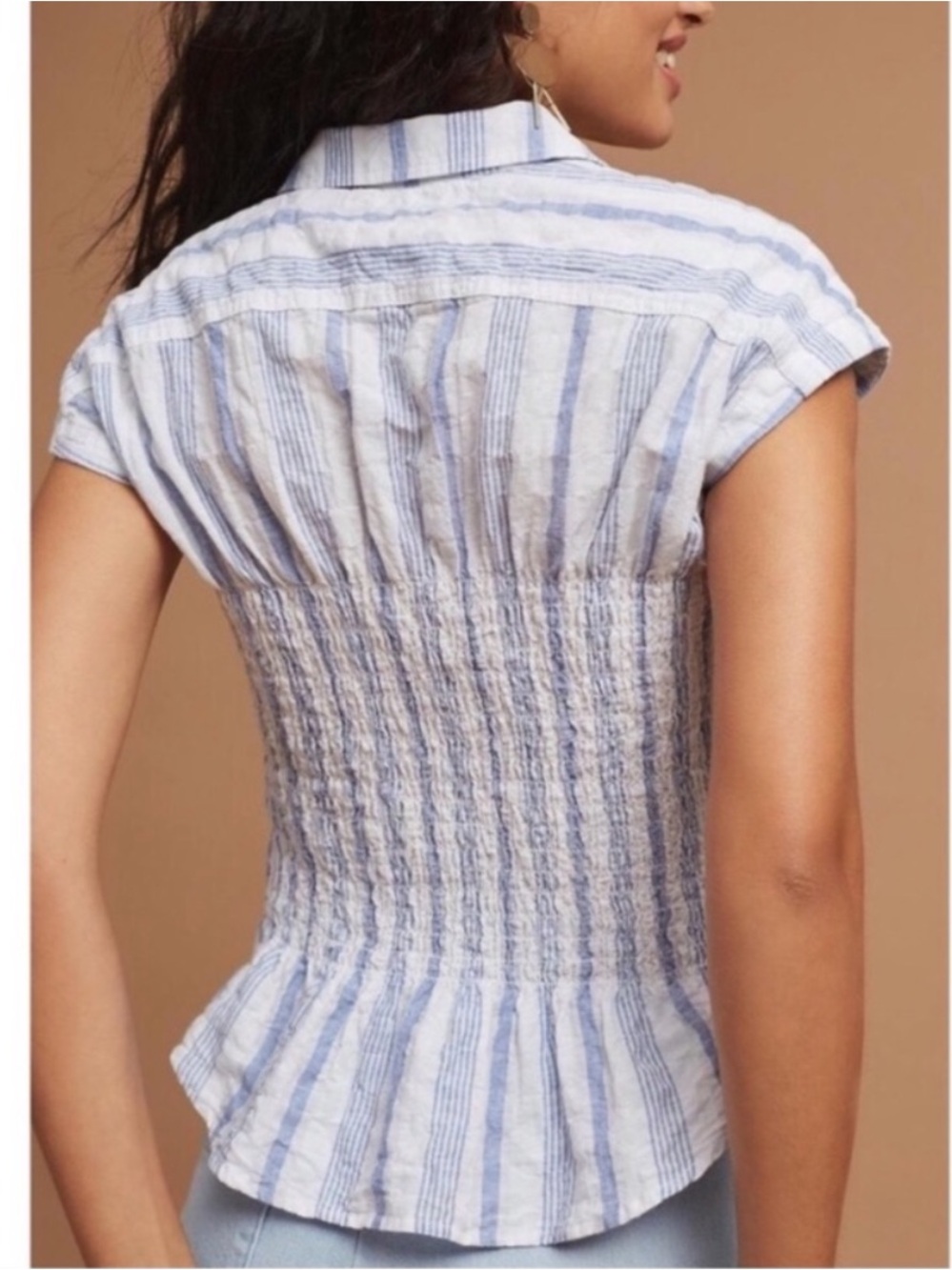 Maeve Bellamy Button Down Smocked Stripe Blue & White - Picture 2 of 10